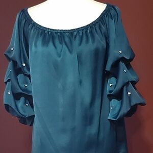 Chic Teal Blouse with Ruffled Sleeves
